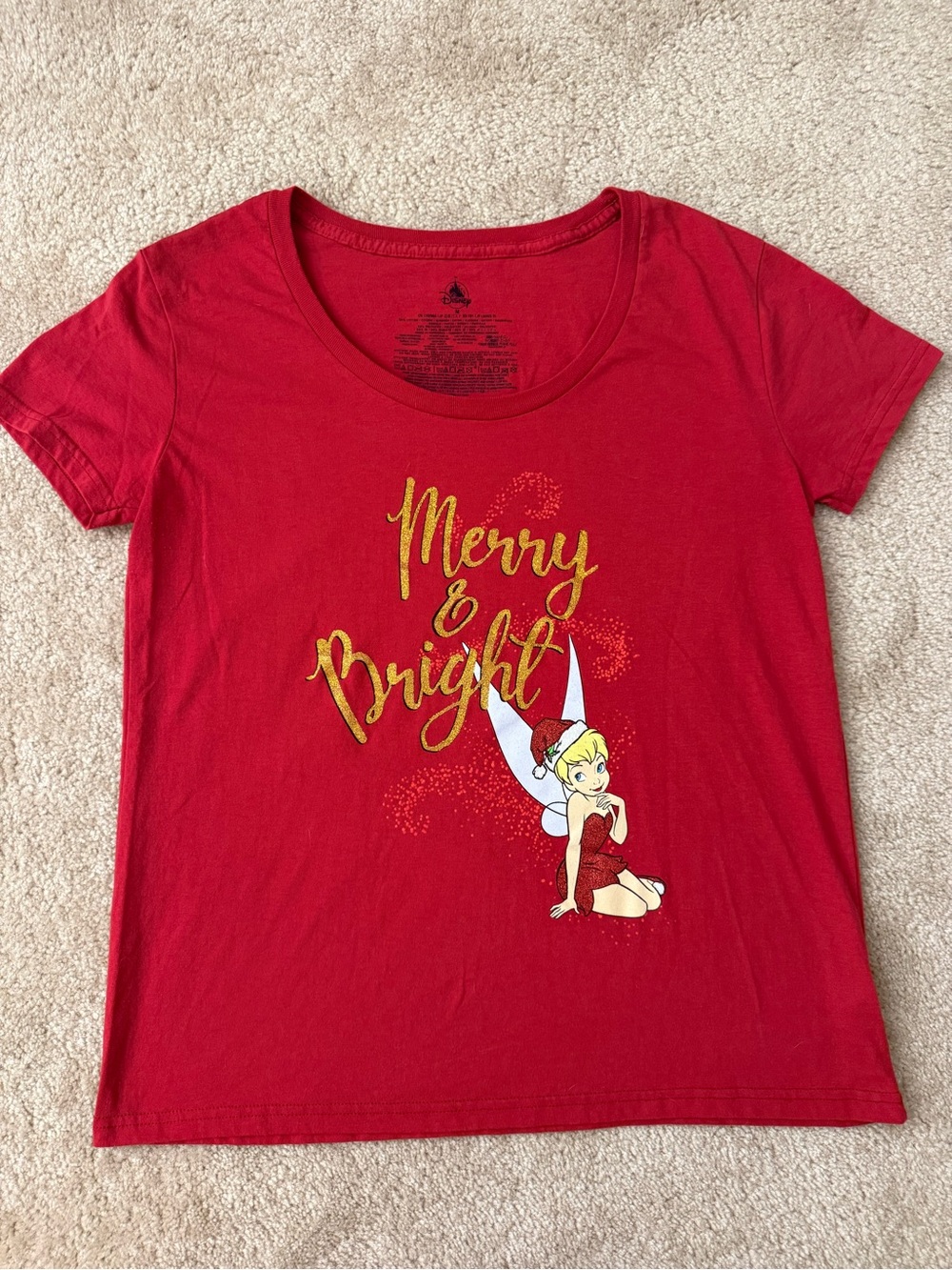 Disney Tinker Bell Merry & Bright Christmas Glitter T-Shirt Red M